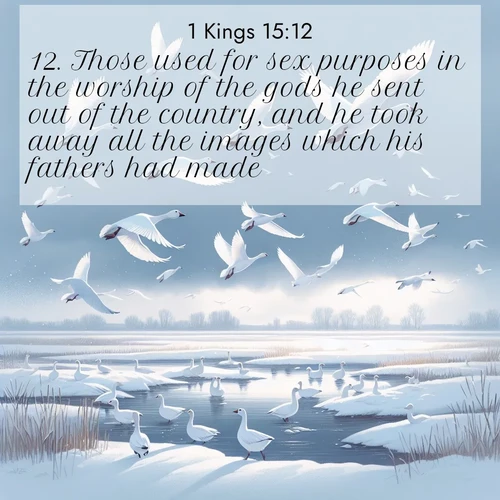 BasicEnglish 1 Kings  ; image nature: image with the bible verse :Those used for sex purposes in the worship of the gods he sent out of the country, and he took away all the images which his fathers had made. ; Explore Bible verse images beautifully illustrated with spring scenes, such as blooming meadows, trees in full bloom, and tranquil streams. These landscapes convey divine hope and vitality. Download and share verses like KJV 1 Kings 15:12. Current verse is overlayed with the thematic nature scene : Snow geese take flight from a winter marsh. Their wings flash white against leaden skies. ; 15:12
