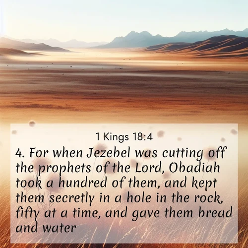 BasicEnglish 1 Kings  ; image nature: image with the bible verse :For when Jezebel was cutting off the prophets of the Lord, Obadiah took a hundred of them, and kept them secretly in a hole in the rock, fifty at a time, and gave them bread and water.) ; Explore a unique collection of Bible verses illustrated by winter landscapes, such as snowy mountains, frosty forests, and starry skies. These images capture the peace and beauty of winter. Share verses like KJV 1 Kings 18:4. Current verse is overlayed with the thematic nature scene : Autumn wind sends tumbleweeds dancing across the prairie. ; 18:4