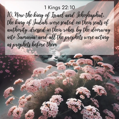 BasicEnglish 1 Kings  ; image nature: image with the bible verse :Now the king of Israel and Jehoshaphat, the king of Judah, were seated on their seats of authority, dressed in their robes, by the doorway into Samaria; and all the prophets were acting as prophets before them. ; Dive into our collection of Bible verse images beautifully illustrated with beach photos, featuring gentle waves, sunsets over the sea, and sandy shores. These scenes evoke the peace and majesty of God. Download and share inspiring verses like KJV 1 Kings 22:10. Current verse is overlayed with the thematic nature scene : Desert verbena blooms in hidden washes. Flash floods carved these secret gardens. ; 22:10