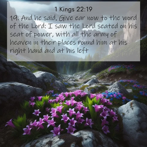 BasicEnglish 1 Kings  ; image nature: image with the bible verse :And he said, Give ear now to the word of the Lord: I saw the Lord seated on his seat of power, with all the army of heaven in their places round him at his right hand and at his left. ; Admire Bible verse images capturing the beauty of beaches, with turquoise waters, palm trees, and peaceful shores. These soothing scenes reflect God&#039;s serenity and majesty. Download and share verses like KJV 1 Kings 22:19. Current verse is overlayed with the thematic nature scene : Alpine gentians bloom in rocky crevices. Summer storms gather above treeline. ; 22:19