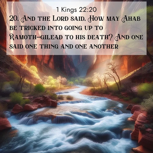 BasicEnglish 1 Kings  ; image nature: image with the bible verse :And the Lord said, How may Ahab be tricked into going up to Ramoth-gilead to his death? And one said one thing and one another. ; Explore Bible verse images beautifully illustrated with spring scenes, such as blooming meadows, trees in full bloom, and tranquil streams. These landscapes convey divine hope and vitality. Download and share verses like KJV 1 Kings 22:20. Current verse is overlayed with the thematic nature scene : Spring floods transform a desert canyon into a rushing river. ; 22:20