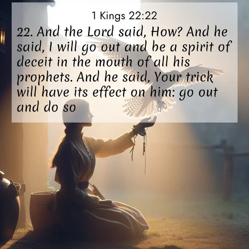 BasicEnglish 1 Kings  ; image nature: image with the bible verse :And the Lord said, How? And he said, I will go out and be a spirit of deceit in the mouth of all his prophets. And he said, Your trick will have its effect on him: go out and do so. ; Explore an inspiring selection of Bible verse images adorned with nature photos, such as starry skies, verdant hills, and golden beaches. Each image reflects the peace and beauty of God&#039;s creation with vibrant colors and varied fonts. Share uplifting verses like KJV 1 Kings 22:22. Current verse is overlayed with the thematic nature scene : A falconer releases his bird. Wind lifts magnificent wings. ; 22:22