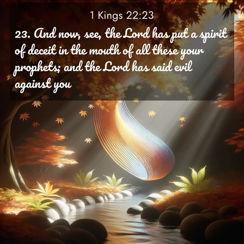 BasicEnglish 1 Kings  ; image nature: image with the bible verse :And now, see, the Lord has put a spirit of deceit in the mouth of all these your prophets; and the Lord has said evil against you. ; Admire Bible verse images illustrated by summer photos, such as sunny beaches, sparkling waves, and swaying palm trees. These bright scenes highlight the joy and warmth of God&#039;s creation. Download and share verses like KJV 1 Kings 22:23. Current verse is overlayed with the thematic nature scene : Autumn leaves spiral through shafts of light. A hidden stream provides gentle music. ; 22:23