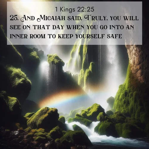 BasicEnglish 1 Kings  ; image nature: image with the bible verse :And Micaiah said, Truly, you will see on that day when you go into an inner room to keep yourself safe. ; Explore a rich collection of Bible verse images beautifully illustrated by natural landscapes, such as colorful skies, towering mountains, and tranquil rivers. The images highlight the serenity of God&#039;s creation with vivid tones and carefully chosen typography. Download and share inspiring verses like KJV 1 Kings 22:25. Current verse is overlayed with the thematic nature scene : A waterfall thunders through ancient moss-covered rocks while rainbow mist rises where water meets stone. ; 22:25