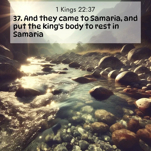 BasicEnglish 1 Kings  ; image nature: image with the bible verse :And they came to Samaria, and put the king&#039;s body to rest in Samaria. ; Download high-resolution Bible verse images showcasing the beauty of God&#039;s creation—from radiant sunsets to tranquil rivers. Free for use as wallpapers or sharing verses like KJV 1 Kings 22:37. Current verse is overlayed with the thematic nature scene : Mountain streams sing ancient songs. Sunlight dances through clear pools. ; 22:37