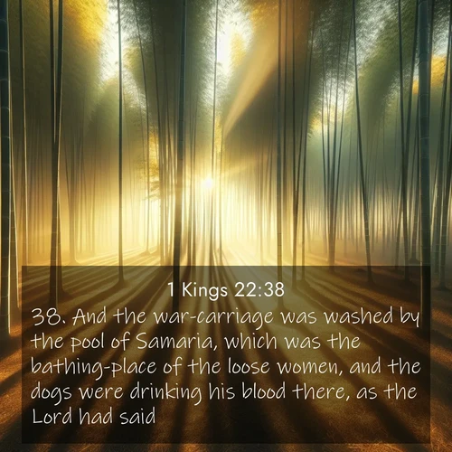 BasicEnglish 1 Kings  ; image nature: image with the bible verse :And the war-carriage was washed by the pool of Samaria, which was the bathing-place of the loose women, and the dogs were drinking his blood there, as the Lord had said. ; Admire Bible verse images capturing the beauty of beaches, with turquoise waters, palm trees, and peaceful shores. These soothing scenes reflect God&#039;s serenity and majesty. Download and share verses like KJV 1 Kings 22:38. Current verse is overlayed with the thematic nature scene : Morning mist parts to reveal a pristine bamboo grove. Golden light filters through the stems, casting striped shadows. ; 22:38
