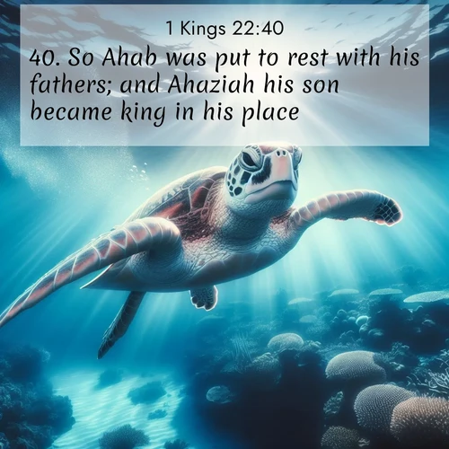BasicEnglish 1 Kings  ; image nature: image with the bible verse :So Ahab was put to rest with his fathers; and Ahaziah his son became king in his place. ; Admire stunning Bible verse images paired with photos of peaceful landscapes, such as foggy mornings, serene rivers, and blooming gardens. Download these free images and share verses like KJV 1 Kings 22:40. Current verse is overlayed with the thematic nature scene : A sea turtle glides through underwater sunbeams. Coral gardens glow in the depths below. ; 22:40