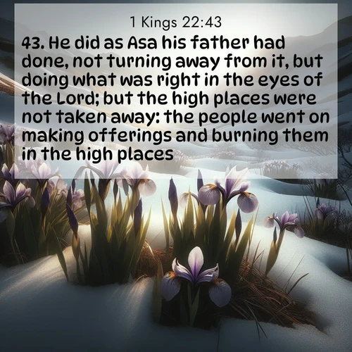 BasicEnglish 1 Kings  ; image nature: image with the bible verse :He did as Asa his father had done, not turning away from it, but doing what was right in the eyes of the Lord; but the high places were not taken away: the people went on making offerings and burning them in the high places. ; Dive into our collection of Bible verses paired with breathtaking desert landscapes, featuring infinite dunes, shaded oases, and desert sunsets. These images highlight the majestic grandeur of God&#039;s creation. Download and share verses like KJV 1 Kings 22:43. Current verse is overlayed with the thematic nature scene : Wild irises pierce winter&#039;s last snow. Alpine light sets their petals ablaze. ; 22:43