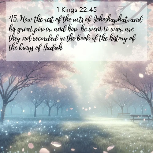 BasicEnglish 1 Kings  ; image nature: image with the bible verse :Now the rest of the acts of Jehoshaphat, and his great power, and how he went to war, are they not recorded in the book of the history of the kings of Judah? ; Explore a stunning collection of Bible verse images featuring picturesque scenery like sun-drenched meadows, tranquil lakes, and majestic forests. All images are free to download and share. Verses include KJV 1 Kings 22:45. Current verse is overlayed with the thematic nature scene : Spring rain falls on cherry trees in full bloom, petals drifting like snow. ; 22:45