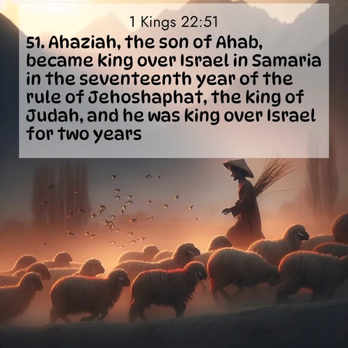 BasicEnglish 1 Kings  ; image nature: image with the bible verse :Ahaziah, the son of Ahab, became king over Israel in Samaria in the seventeenth year of the rule of Jehoshaphat, the king of Judah, and he was king over Israel for two years. ; Discover inspiring Bible verse images featuring natural wonders like lush forests, sunny horizons, and cascading waterfalls. Perfect for wallpapers or spiritual encouragement. Download verses like KJV 1 Kings 22:51. Current verse is overlayed with the thematic nature scene : A shepherd guides his flock home. Sunset paints wool golden red. ; 22:51