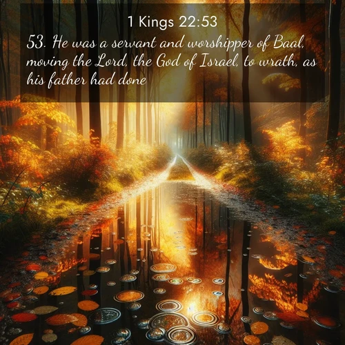 BasicEnglish 1 Kings  ; image nature: image with the bible verse :He was a servant and worshipper of Baal, moving the Lord, the God of Israel, to wrath, as his father had done. ; Download inspiring Bible verse images featuring stunning natural vistas, from tropical islands to rolling hills. These free images make perfect wallpapers or gifts. Share verses like KJV 1 Kings 22:53. Current verse is overlayed with the thematic nature scene : Autumn colors reflect in rain puddles on a forest path. ; 22:53