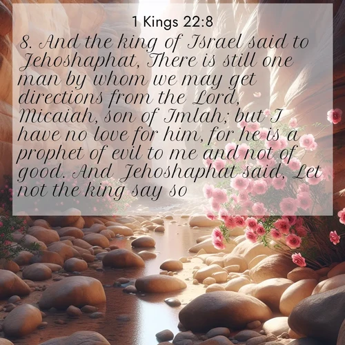 BasicEnglish 1 Kings  ; image nature: image with the bible verse :And the king of Israel said to Jehoshaphat, There is still one man by whom we may get directions from the Lord, Micaiah, son of Imlah; but I have no love for him, for he is a prophet of evil to me and not of good. And Jehoshaphat said, Let not the king say so. ; Admire Bible verse images illustrated by summer photos, such as sunny beaches, sparkling waves, and swaying palm trees. These bright scenes highlight the joy and warmth of God&#039;s creation. Download and share verses like KJV 1 Kings 22:8. Current verse is overlayed with the thematic nature scene : Desert roses bloom in a hidden canyon after rare rainfall. Their pink petals contrast against weathered sandstone walls. ; 22:8