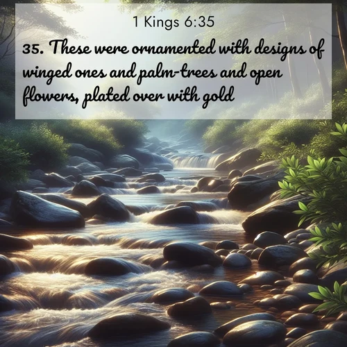 BBE 1 Kings 6:35 overlaying nature image scene: A mountain stream tumbles over smooth rocks between banks of mountain laurel.;35. These were ornamented with designs of winged ones and palm-trees and open flowers, plated over with gold.