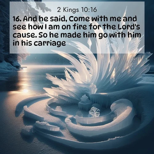 BBE 2 Kings 10:16 overlaying nature image scene: Winter ice forms abstract sculptures along a lake shore.;16. And he said, Come with me and see how I am on fire for the Lord's cause. So he made him go with him in his carriage.