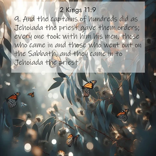 BBE 2 Kings 11:9 overlaying nature image scene: Monarch butterflies cluster on eucalyptus branches in winter sun.;9. And the captains of hundreds did as Jehoiada the priest gave them orders; every one took with him his men, those who came in and those who went out on the Sabbath, and they came in to Jehoiada the priest.