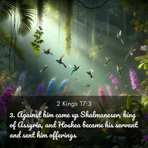 BasicEnglish 2 Kings  ; image nature: image with the bible verse :Against him came up Shalmaneser, king of Assyria, and Hoshea became his servant and sent him offerings. ; Admire our autumnal collection of Bible verse images accompanied by photos of paths lined with red and yellow leaves, fiery forests, and calm rivers. These images inspire reflection and serenity. Share verses like KJV 2 Kings 17:3. Current verse is overlayed with the thematic nature scene : Wild orchids bloom in a rainforest canopy. Hummingbirds dart between the delicate flowers. ; 17:3