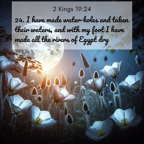 BasicEnglish 2 Kings  ; image nature: image with the bible verse :I have made water-holes and taken their waters, and with my foot I have made all the rivers of Egypt dry. ; Admire our gallery of Bible verse images showcasing divine beauty in nature—whether snowy peaks or serene oceans. Each image is freely downloadable and perfect for personal or spiritual use. Share verses like KJV 2 Kings 19:24. Current verse is overlayed with the thematic nature scene : Moonflowers open to the rising full moon. Night insects hum in harmony. ; 19:24