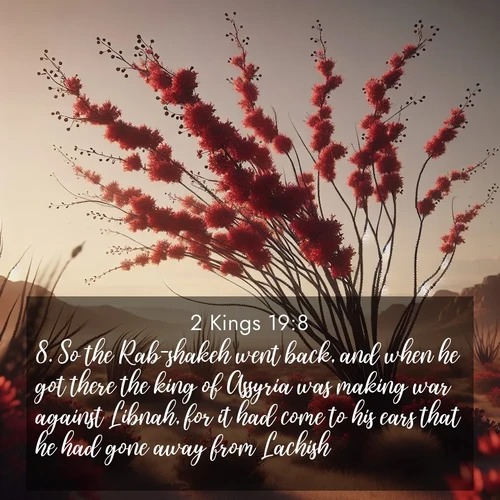 BasicEnglish 2 Kings  ; image nature: image with the bible verse :So the Rab-shakeh went back, and when he got there the king of Assyria was making war against Libnah, for it had come to his ears that he had gone away from Lachish. ; Download stunning Bible verse images paired with nature scenes like rolling clouds, sparkling waters, and vibrant flower fields. These free images are perfect for spiritual reflection or wallpaper use. Share KJV 2 Kings 19:8. Current verse is overlayed with the thematic nature scene : Desert ocotillo flames crimson red. Wind sings through thorny branches. ; 19:8