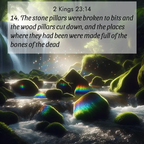BasicEnglish 2 Kings  ; image nature: image with the bible verse :The stone pillars were broken to bits and the wood pillars cut down, and the places where they had been were made full of the bones of the dead. ; Admire our free collection of Bible verse images with beautiful landscapes like sunlit forests, rippling waters, and radiant dawns. Each verse, such as KJV 2 Kings 23:14, is ready to download and share. Current verse is overlayed with the thematic nature scene : Rainbow prisms dance in a waterfall&#039;s spray. Moss glows emerald in filtered light. ; 23:14