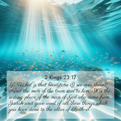 BasicEnglish 2 Kings  ; image nature: image with the bible verse :What is that headstone I see over there? And the men of the town said to him, It is the resting-place of the man of God who came from Judah and gave word of all these things which you have done to the altar of Beth-el. ; Browse a gallery of Bible verses paired with summer scenes, such as golden wheat fields, bright skies, and sunny beaches. These images convey the joy and warmth of God&#039;s creation. Download and share verses like KJV 2 Kings 23:17. Current verse is overlayed with the thematic nature scene : Reef fish swirl in perfect formation through crystal waters. Sunlight creates shifting patterns on white sand below. ; 23:17