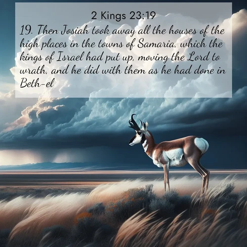 BasicEnglish 2 Kings  ; image nature: image with the bible verse :Then Josiah took away all the houses of the high places in the towns of Samaria, which the kings of Israel had put up, moving the Lord to wrath, and he did with them as he had done in Beth-el. ; Discover tranquil Bible verse images enhanced with natural scenery like rippling brooks, snow-covered fields, and sunlit beaches. These free images are perfect for wallpapers or spiritual reflection. Share KJV 2 Kings 23:19. Current verse is overlayed with the thematic nature scene : A pronghorn pauses on wind-swept plains. Storm clouds build dark towers above. ; 23:19