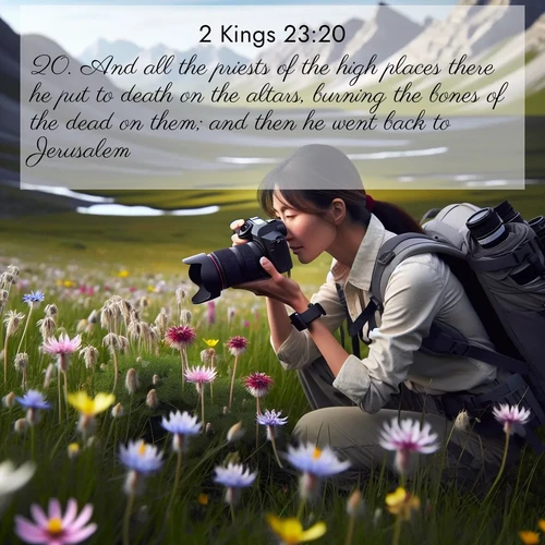 BasicEnglish 2 Kings  ; image nature: image with the bible verse :And all the priests of the high places there he put to death on the altars, burning the bones of the dead on them; and then he went back to Jerusalem. ; Browse a gallery of Bible verses paired with summer scenes, such as golden wheat fields, bright skies, and sunny beaches. These images convey the joy and warmth of God&#039;s creation. Download and share verses like KJV 2 Kings 23:20. Current verse is overlayed with the thematic nature scene : A naturalist photographs rare blooms. Alpine winds toss wildflower meadows. ; 23:20