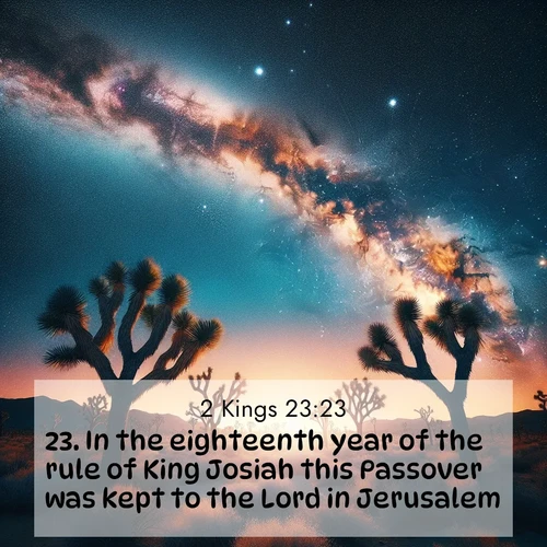 BasicEnglish 2 Kings  ; image nature: image with the bible verse :In the eighteenth year of the rule of King Josiah this Passover was kept to the Lord in Jerusalem. ; Explore serene Bible verse images adorned with photos of divine creation—tranquil beaches, snowy mountains, and starry skies. Each image is free to download and share. Verses include KJV 2 Kings 23:23. Current verse is overlayed with the thematic nature scene : Joshua trees reach twisted arms to desert stars. The Milky Way arcs overhead like a river of light. ; 23:23