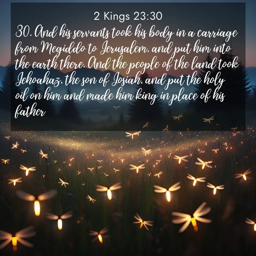 BasicEnglish 2 Kings  ; image nature: image with the bible verse :And his servants took his body in a carriage from Megiddo to Jerusalem, and put him into the earth there. And the people of the land took Jehoahaz, the son of Josiah, and put the holy oil on him and made him king in place of his father. ; Discover Bible images adorned with spring landscapes, like tulip fields, cherry blossoms, and green hills. These bright scenes symbolize God&#039;s renewal and grace. Download verses like KJV 2 Kings 23:30. Current verse is overlayed with the thematic nature scene : Lightning bugs rise from summer meadows at dusk. Their lights dance like earthbound stars. ; 23:30