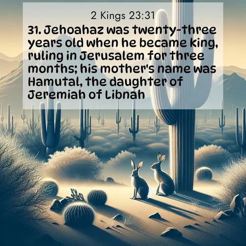 BasicEnglish 2 Kings  ; image nature: image with the bible verse :Jehoahaz was twenty-three years old when he became king, ruling in Jerusalem for three months; his mother&#039;s name was Hamutal, the daughter of Jeremiah of Libnah. ; Explore Bible verses paired with beach photos, where waves gently crash on the sand and the sky glows with pastel hues at sunset. These scenes convey deep serenity. Download verses like KJV 2 Kings 23:31. Current verse is overlayed with the thematic nature scene : Desert jackrabbits pause in saguaro shade. Heat waves distort distant peaks. ; 23:31