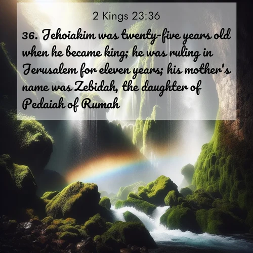 BasicEnglish 2 Kings  ; image nature: image with the bible verse :Jehoiakim was twenty-five years old when he became king; he was ruling in Jerusalem for eleven years; his mother&#039;s name was Zebidah, the daughter of Pedaiah of Rumah. ; Admire Bible verse images illustrated by summer photos, such as sunny beaches, sparkling waves, and swaying palm trees. These bright scenes highlight the joy and warmth of God&#039;s creation. Download and share verses like KJV 2 Kings 23:36. Current verse is overlayed with the thematic nature scene : A waterfall thunders through ancient moss-covered rocks while rainbow mist rises where water meets stone. ; 23:36