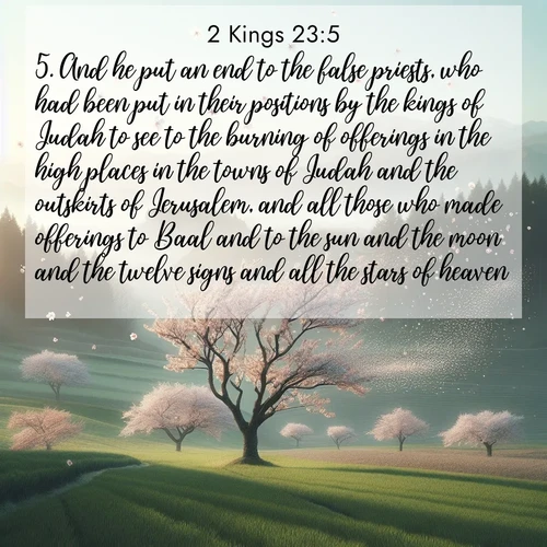 BasicEnglish 2 Kings  ; image nature: image with the bible verse :And he put an end to the false priests, who had been put in their positions by the kings of Judah to see to the burning of offerings in the high places in the towns of Judah and the outskirts of Jerusalem, and all those who made offerings to Baal and to the sun and the moon and the twelve signs and all the stars of heaven. ; Explore Bible verse images highlighting the beauty of spring, with vibrant flowers, butterflies, and blossoming fruit trees. These scenes evoke divine hope and renewal. Download inspiring verses like KJV 2 Kings 23:5. Current verse is overlayed with the thematic nature scene : Spring winds scatter cherry blossoms like snow. ; 23:5