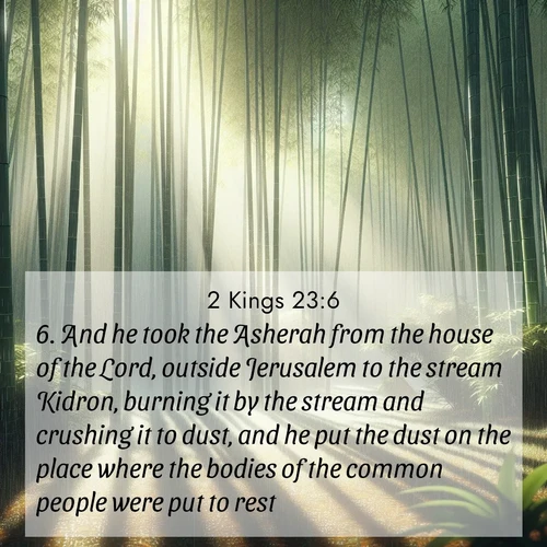 BasicEnglish 2 Kings  ; image nature: image with the bible verse :And he took the Asherah from the house of the Lord, outside Jerusalem to the stream Kidron, burning it by the stream and crushing it to dust, and he put the dust on the place where the bodies of the common people were put to rest. ; Browse Bible images illustrated by desert landscapes, with endless skies, golden dunes, and isolated palm trees. These images evoke the calm and grandeur of God&#039;s creation. Download inspiring verses like KJV 2 Kings 23:6. Current verse is overlayed with the thematic nature scene : Bamboo forests cast striped shadows while a gentle rain patters on broad leaves. ; 23:6