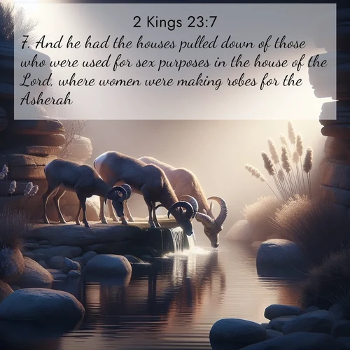 BasicEnglish 2 Kings  ; image nature: image with the bible verse :And he had the houses pulled down of those who were used for sex purposes in the house of the Lord, where women were making robes for the Asherah. ; Dive into our collection of Bible verses paired with coastal scenes, featuring calming waves, infinite beaches, and reflections of the sun on the water. These images evoke the peace and beauty of God. Share verses like KJV 2 Kings 23:7. Current verse is overlayed with the thematic nature scene : Desert bighorns drink from hidden springs. Time flows like water through stone. ; 23:7