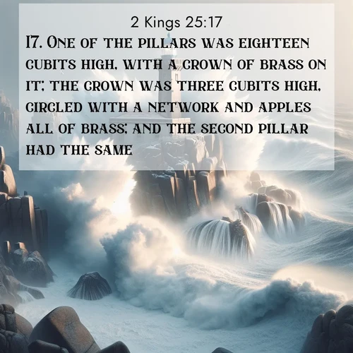 BBE 2 Kings 25:17 overlaying nature image scene: Winter storms send massive waves crashing against lighthouse rocks.;17. One of the pillars was eighteen cubits high, with a crown of brass on it; the crown was three cubits high, circled with a network and apples all of brass; and the second pillar had the same.