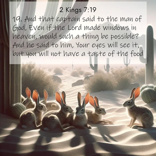 BasicEnglish 2 Kings  ; image nature: image with the bible verse :And that captain said to the man of God, Even if the Lord made windows in heaven, would such a thing be possible? And he said to him, Your eyes will see it, but you will not have a taste of the food. ; Admire Bible verse images featuring tranquil rivers, golden fields, and starry heavens. These free-to-download images make inspiring wallpapers or thoughtful gifts. Download KJV 2 Kings 7:19 now. Current verse is overlayed with the thematic nature scene : Desert jackrabbits rest in cactus shade. Heat waves distort distant peaks. ; 7:19