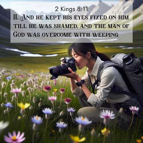 BasicEnglish 2 Kings  ; image nature: image with the bible verse :And he kept his eyes fixed on him till he was shamed, and the man of God was overcome with weeping. ; Browse our selection of stunning Bible verse images featuring unique natural scenes like fiery autumn forests, serene meadows, and starlit skies. Download and share verses like KJV 2 Kings 8:11 for free. Current verse is overlayed with the thematic nature scene : A naturalist photographs rare blooms. Alpine winds toss wildflower meadows. ; 8:11