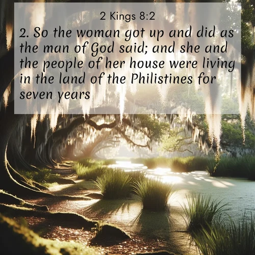 BasicEnglish 2 Kings  ; image nature: image with the bible verse :So the woman got up and did as the man of God said; and she and the people of her house were living in the land of the Philistines for seven years. ; Admire Bible verse images capturing the beauty of beaches, with turquoise waters, palm trees, and peaceful shores. These soothing scenes reflect God&#039;s serenity and majesty. Download and share verses like KJV 2 Kings 8:2. Current verse is overlayed with the thematic nature scene : Summer afternoon light filters through Spanish moss in a bayou. ; 8:2