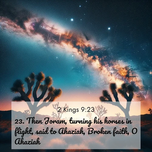 BasicEnglish 2 Kings  ; image nature: image with the bible verse :Then Joram, turning his horses in flight, said to Ahaziah, Broken faith, O Ahaziah! ; Admire stunning Bible verse images paired with photos of peaceful landscapes, such as foggy mornings, serene rivers, and blooming gardens. Download these free images and share verses like KJV 2 Kings 9:23. Current verse is overlayed with the thematic nature scene : Joshua trees reach twisted arms to desert stars. The Milky Way arcs overhead like a river of light. ; 9:23