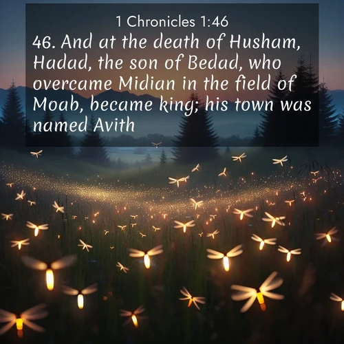 BBE 1 Chronicles 1:46 overlaying nature image scene: Lightning bugs rise from summer meadows at dusk. Their lights dance like earthbound stars.;46. And at the death of Husham, Hadad, the son of Bedad, who overcame Midian in the field of Moab, became king; his town was named Avith.