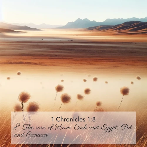 BBE 1 Chronicles 1:8 overlaying nature image scene: Autumn wind sends tumbleweeds dancing across the prairie.;8. The sons of Ham: Cush and Egypt, Put and Canaan.