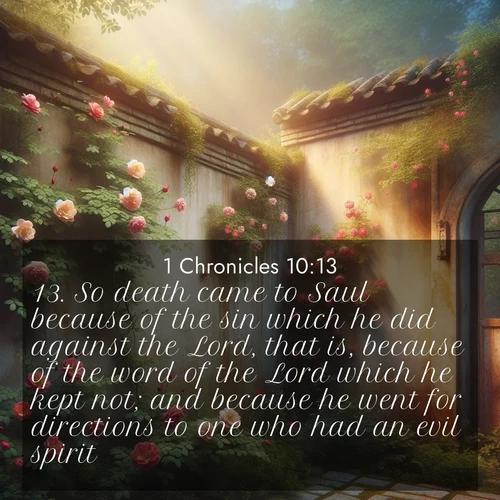BasicEnglish 1 Chronicles  ; image nature: image with the bible verse :So death came to Saul because of the sin which he did against the Lord, that is, because of the word of the Lord which he kept not; and because he went for directions to one who had an evil spirit, ; Admire our gallery of Bible verse images paired with serene nature photography, featuring starlit skies, golden sands, and blooming wildflowers. Download and share verses like KJV 1 Chronicles 10:13. Current verse is overlayed with the thematic nature scene : Wild roses climb abandoned walls. Time stands still in secret gardens. ; 10:13