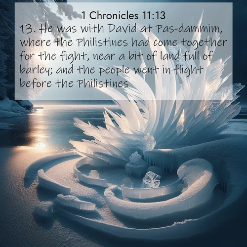 BasicEnglish 1 Chronicles  ; image nature: image with the bible verse :He was with David at Pas-dammim, where the Philistines had come together for the fight, near a bit of land full of barley; and the people went in flight before the Philistines. ; Explore beautiful Bible verse images paired with serene natural settings, such as calm seas, snowy paths, and verdant hills. Each image is free to download for your spiritual inspiration. Share KJV 1 Chronicles 11:13. Current verse is overlayed with the thematic nature scene : Winter ice forms abstract sculptures along a lake shore. ; 11:13