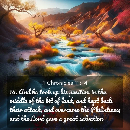 BasicEnglish 1 Chronicles  ; image nature: image with the bible verse :And he took up his position in the middle of the bit of land, and kept back their attack, and overcame the Philistines; and the Lord gave a great salvation. ; Discover a rich selection of Bible verse images illustrated by natural landscapes like tranquil beaches, golden fields, and majestic trees. These images aim to capture the peace and beauty of God&#039;s creation, with vibrant colors and varied typography. Download and share inspiring verses like KJV 1 Chronicles 11:14. Current verse is overlayed with the thematic nature scene : Spring floods transform desert arroyos into rushing streams. ; 11:14