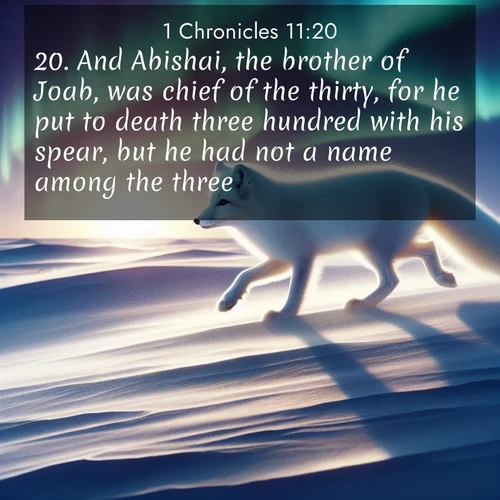 BasicEnglish 1 Chronicles  ; image nature: image with the bible verse :And Abishai, the brother of Joab, was chief of the thirty, for he put to death three hundred with his spear, but he had not a name among the three. ; Admire Bible verse images illustrated by summer photos, such as sunny beaches, sparkling waves, and swaying palm trees. These bright scenes highlight the joy and warmth of God&#039;s creation. Download and share verses like KJV 1 Chronicles 11:20. Current verse is overlayed with the thematic nature scene : An arctic fox hunts across windswept tundra. Northern lights paint its white coat in pastels. ; 11:20