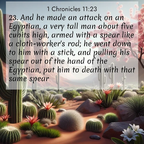 BasicEnglish 1 Chronicles  ; image nature: image with the bible verse :And he made an attack on an Egyptian, a very tall man about five cubits high, armed with a spear like a cloth-worker&#039;s rod; he went down to him with a stick, and pulling his spear out of the hand of the Egyptian, put him to death with that same spear. ; Admire stunning Bible verse images paired with photos of peaceful landscapes, such as foggy mornings, serene rivers, and blooming gardens. Download these free images and share verses like KJV 1 Chronicles 11:23. Current verse is overlayed with the thematic nature scene : Desert cacti burst with spring blooms against red sandstone formations. ; 11:23