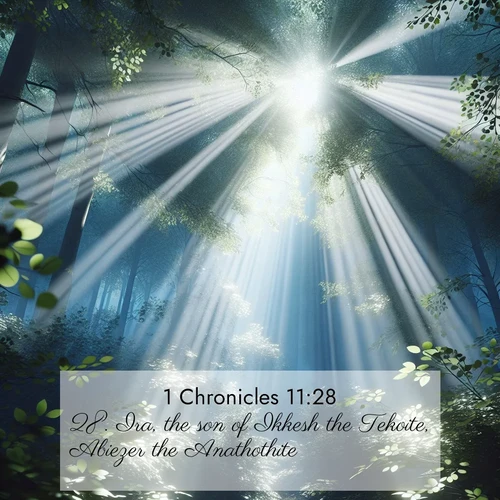 BasicEnglish 1 Chronicles  ; image nature: image with the bible verse :Ira, the son of Ikkesh the Tekoite, Abiezer the Anathothite, ; Download Bible verse images paired with breathtaking nature photos like golden deserts, shimmering seas, and blossoming orchards. These high-quality, free images are perfect for wallpapers or sharing. Verses include KJV 1 Chronicles 11:28. Current verse is overlayed with the thematic nature scene : Summer light filters through forest canopy like stained glass. ; 11:28
