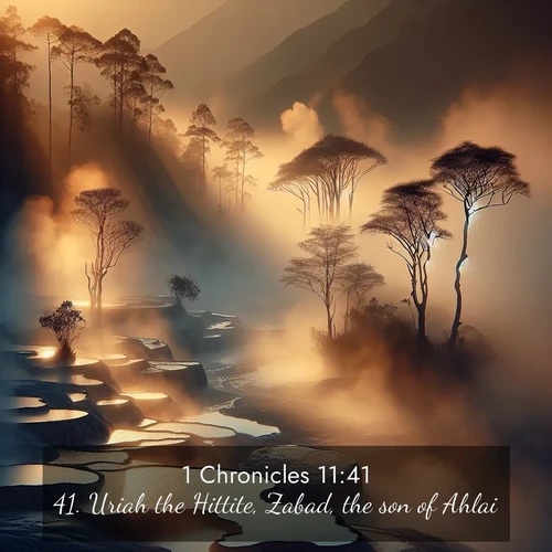 BasicEnglish 1 Chronicles  ; image nature: image with the bible verse :Uriah the Hittite, Zabad, the son of Ahlai, ; Browse our selection of stunning Bible verse images featuring unique natural scenes like fiery autumn forests, serene meadows, and starlit skies. Download and share verses like KJV 1 Chronicles 11:41 for free. Current verse is overlayed with the thematic nature scene : Morning mist rises from thermal pools. Steam dragons dance in golden light. ; 11:41