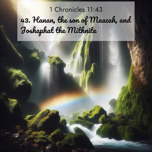 BasicEnglish 1 Chronicles  ; image nature: image with the bible verse :Hanan, the son of Maacah, and Joshaphat the Mithnite, ; Discover a unique collection of Bible verses adorned with winter landscapes, such as snow-covered forests, gently falling snowflakes, and pristine mountains. These images evoke the peace and purity of God&#039;s creation. Share verses like KJV 1 Chronicles 11:43. Current verse is overlayed with the thematic nature scene : A waterfall thunders through ancient moss-covered rocks while rainbow mist rises where water meets stone. ; 11:43