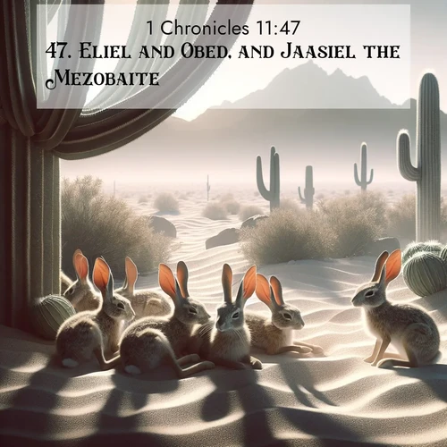 BasicEnglish 1 Chronicles  ; image nature: image with the bible verse :Eliel and Obed, and Jaasiel the Mezobaite. ; Download inspiring Bible verse images featuring stunning natural vistas, from tropical islands to rolling hills. These free images make perfect wallpapers or gifts. Share verses like KJV 1 Chronicles 11:47. Current verse is overlayed with the thematic nature scene : Desert jackrabbits rest in cactus shade. Heat waves distort distant peaks. ; 11:47