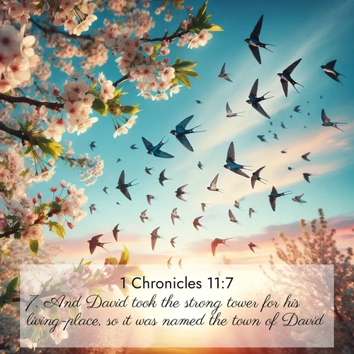 BasicEnglish 1 Chronicles  ; image nature: image with the bible verse :And David took the strong tower for his living-place, so it was named the town of David. ; Discover beautiful Bible verse images enriched with natural landscapes, from serene beaches to cascading waterfalls. All images are free and ready to download. Share verses such as KJV 1 Chronicles 11:7. Current verse is overlayed with the thematic nature scene : Spring migration fills the sky with countless swallows. ; 11:7